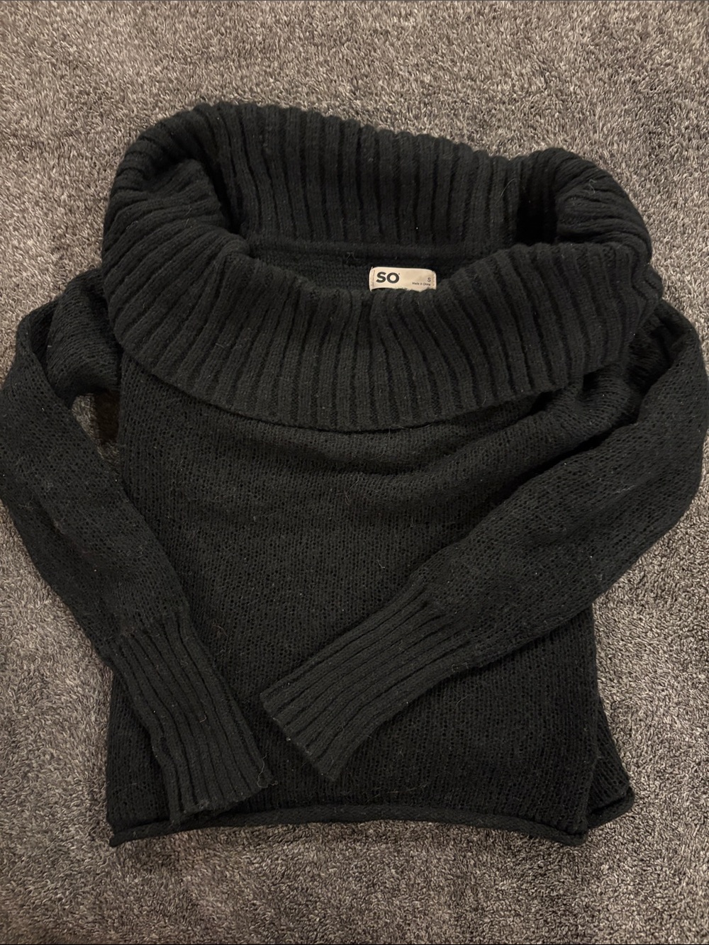 SO Black Wide Ribbed Cowl Neck Off-Shoulder Sweater